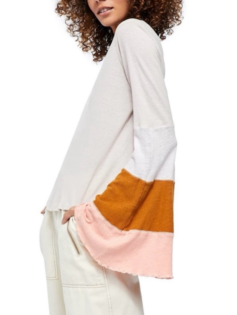 Free People Retro 70s Bohemian Bell Sleeve Neutral V Neck Top Small Linen NWT - Picture 15 of 15